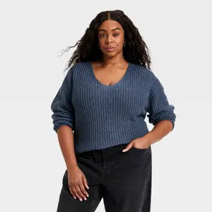 Women's Wide V-Neck Pullover Sweater - Universal Thread Indigo 1X