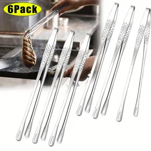 6 Pcs 11 Inches Stainless Steel Korean BBQ Grill Tongs Japanese Barbecue Tongs for Cooking Portable Kitchenware Home Outdoor Steak Salad Food