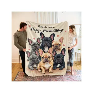 1pc French Bulldog Plush Fleece Blanket - Soft Flannel All-Season Cozy Bedspread With Cute French Bulldog & Happy French Bulldogs Text - Brown, Grey, - Ideal For Christmas, Home Decor, Sofa Cover, Dog Lover Gift-30*40in