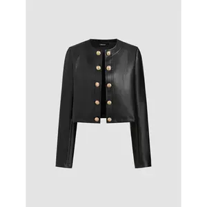 Cider [size 2-10] Faux Leather Round Neckline Solid Button Long Sleeve Jacket