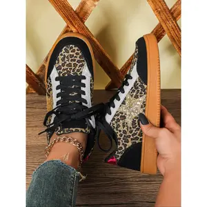 Women's Leopard Print Casual Sneakers, Comfortable Breathable Low Top Lace-Up Shoes, Perfect for Halloween, Travel, Party, Outdoor Sports