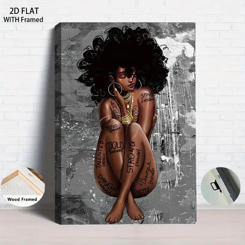 1Pcs Wood Framed Modern African American WomenCanvas Wall Art with Wooden Frame Inspirational Positive Quotes Black Girl Magic Home Decor Living Room Bedroom Office Decoration Afrocentric Cultural Artwor