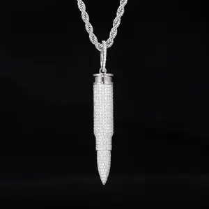 Iced Out Bullet Pendant Necklace for Men golden 5A Cubic Zirconia Hip Hop Rope Chain Statement Jewelry Streetwear Gift