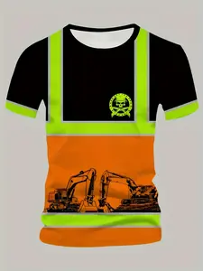 Men's printed T-shirt, featuring an excavator design. Suitable for outdoor activities. Suitable for teenagers and adults.