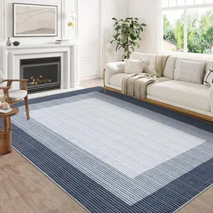 【GARVEE】8x10 Living Room Rug - Modern Bordered Accent, Washable, Stain Resistant Indoor Carpet with Non-Slip Backing, Low Pile, Soft Folding Area Rug for Bedroom or Apartment, Blue
