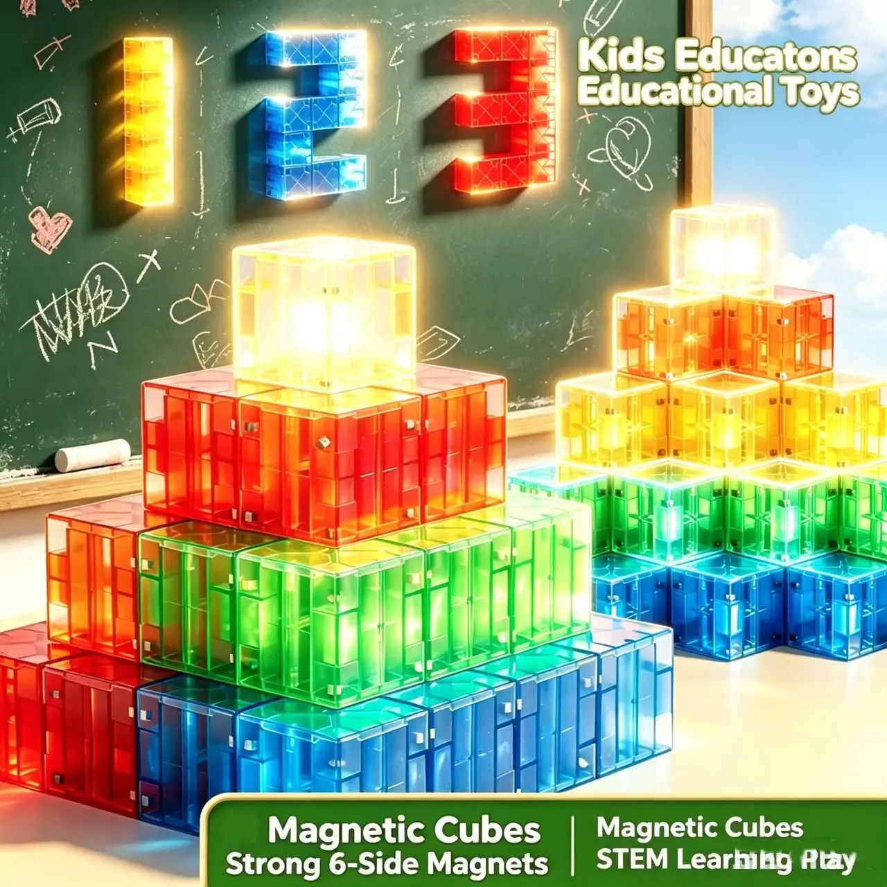 Glowing Magnetic Building Blocks, Semi-Transparent Magnetic Cubes STEM Construction Toys for Kids, Each Block Contains 8 Magnets, 108/210 Pieces LED Glow-in-the-Dark Magnetic Blocks, Educational Gift for Boys and Girls, Suitable for Ages 3+