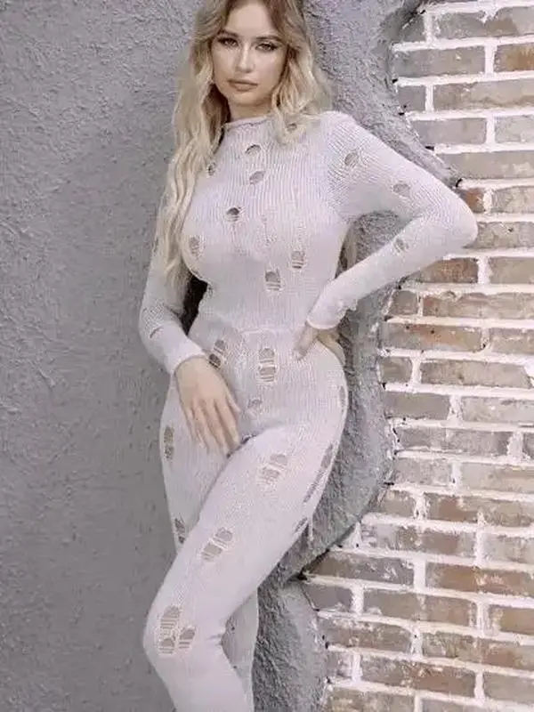 Ripped Long Sleeve Back Tie Wool Knit Jumpsuit Womenswear Overalls