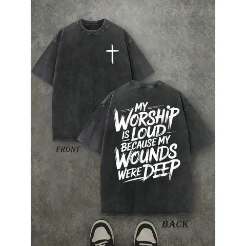 Women's Loose-Sleeve Fit Christian T-Shirt, Unisex Washed Top with "My Worship Is Loud Because My Wounds Were Deep" Scripture, Vintage Retro Double-Sided Printed