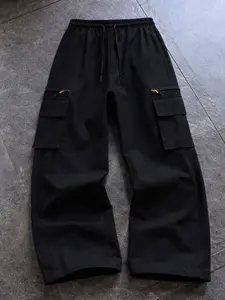 New Zip Pocket Straight Leg Pants, Casual Workwear Trousers for Men, Summer Solid Color Outdoor Multi-Pocket Loose Fit Long Pants, Casual Lounge Pants