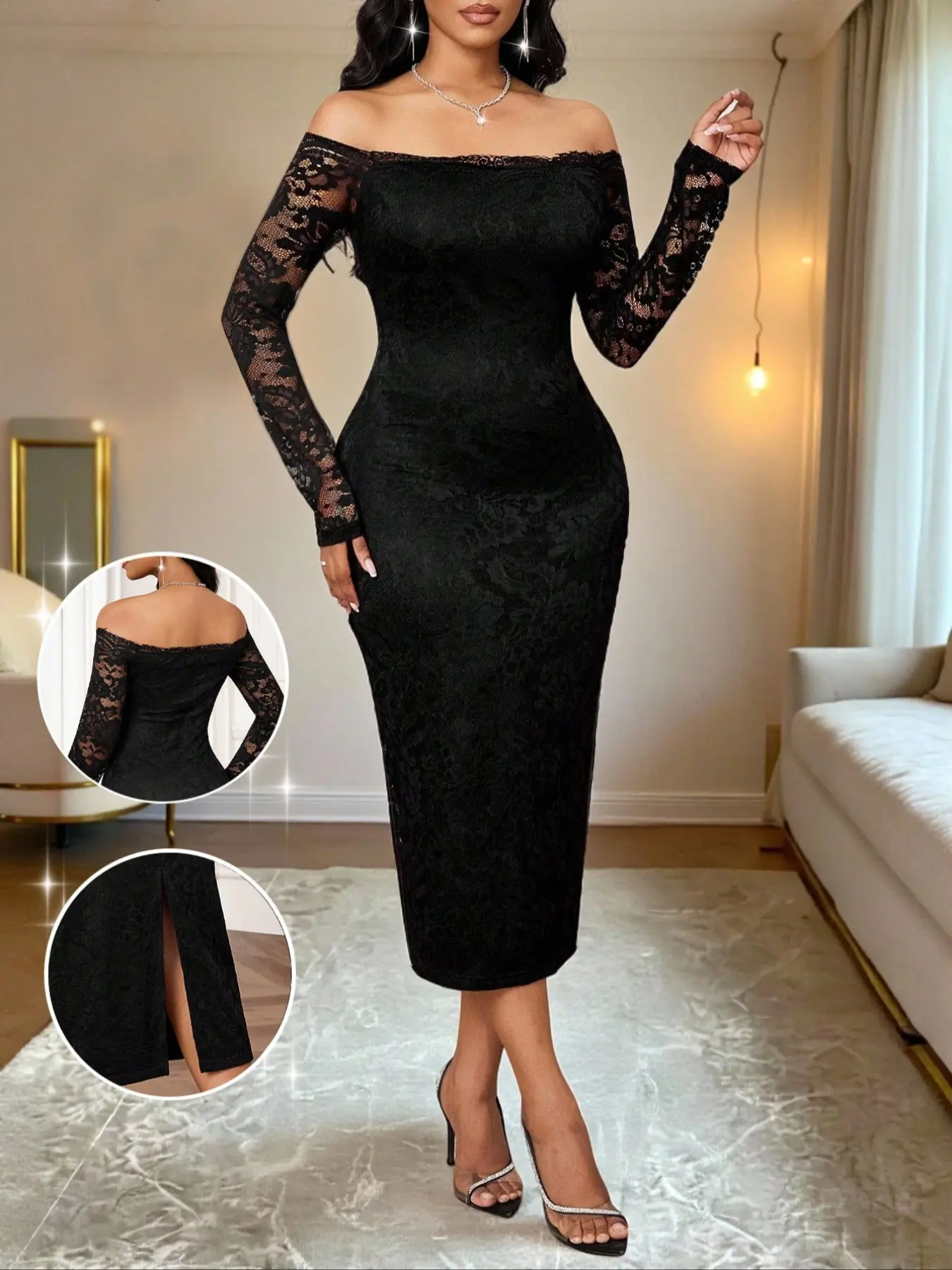 Elegant Lace Slit Dress for Autumn and Winter - Slim-fit Evening Gown, Eid Al-Fitr Dress, Elegant Lace Slit Dress for Autumn and Winter - Slim-fit Evening Gown, Eid Al-Fitr Dress,