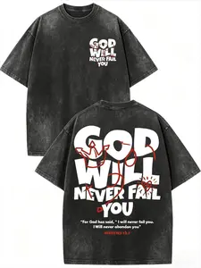 Religious Scripture Statement Tee | God Will Never Fail You Hebrews 13:5 Print | Black Washed Cotton | Vintage Streetwear Aesthetic | Comfortable Oversized Fit | Everyday Casual & Faith Based Events Wear | Minimalist Christian Inspired Graphic Top