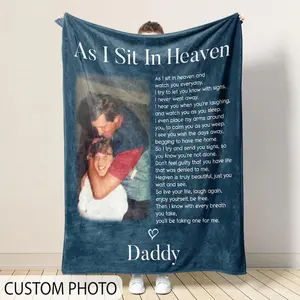 Personalized Memorial Blanket with Custom Photo - "As I Sit In Heaven" Poem Blanket for Loss of Father Daddy - Remembrance Sympathy Gift for Grieving Families - Bereavement & Condolence Photo Throw