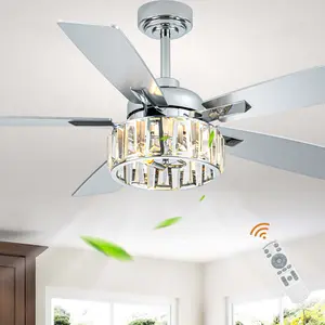 52" Luxury Crystal Chandelier Ceiling Fan with Light Remote Control, Glam Crystal Decoration, Modern Home Chrome Ceiling Fan for Any Season