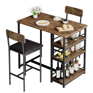 Dining Table Set for 2, Bar Table and Chairs Set with 3 Storage Shelves, PU Cushion Chairs and Thick Wood Top, 3-Piece Kitchen Breakfast Nook with Stools for Small Space, Apartment