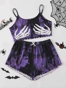 Halloween Women's Purple Skeleton Pumpkin Ghost Print Spaghetti Strap Cami Top & Elastic Waist Shorts Pajama Set for Halloween Party