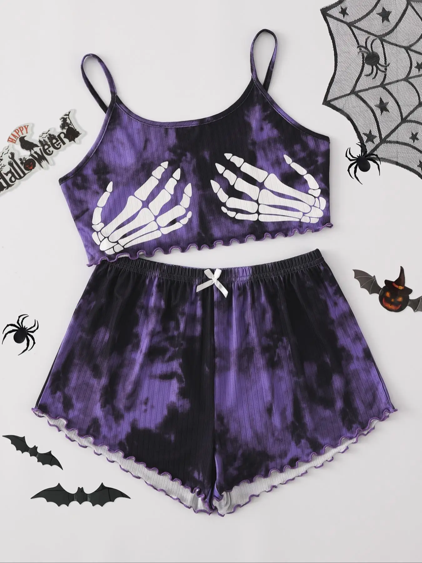 Women's Halloween Skeleton & Pumpkin & Ghost Print Lettuce Trim Cami Top & Bow Front Shorts Pyjama Two-piece Set, Casual Camisole & Elastic Waist Shor