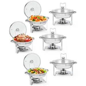 6-Pack 5 QT Stainless Steel Round Chafing Dish Buffet Set, with Glass Lids, Lid Holders and Tray, Ideal for Parties, Dinners