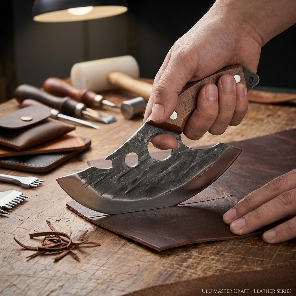 Hand Forged Ulu Knife with Wooden Handle, Sharp Pizza Cutter for Home Kitchen, Multi-use Ulu Knife for Outdoor Camping, Heavy Duty Meat Cutting Ulu Knife, Vintage Viking Style Kitchen Knife with Bottle Opener Super Combo Cleaver Set