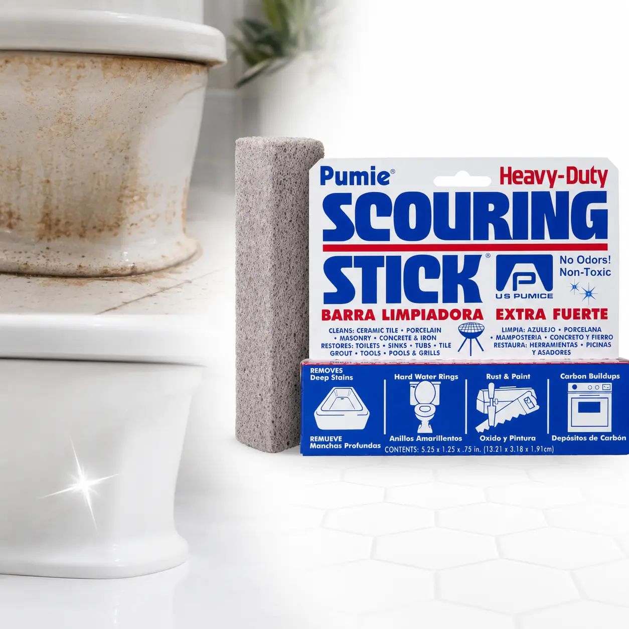 PUMIE Pumice Scouring Stick, Multi Purpose Scouring Bar, Removes Toilet Bowl Rings, Sink and Tub Stains, Mineral Deposits on Faucets, Oven Grease, and Workshop Rust, All Hard Surfaces Cleaner for Home and Garage.