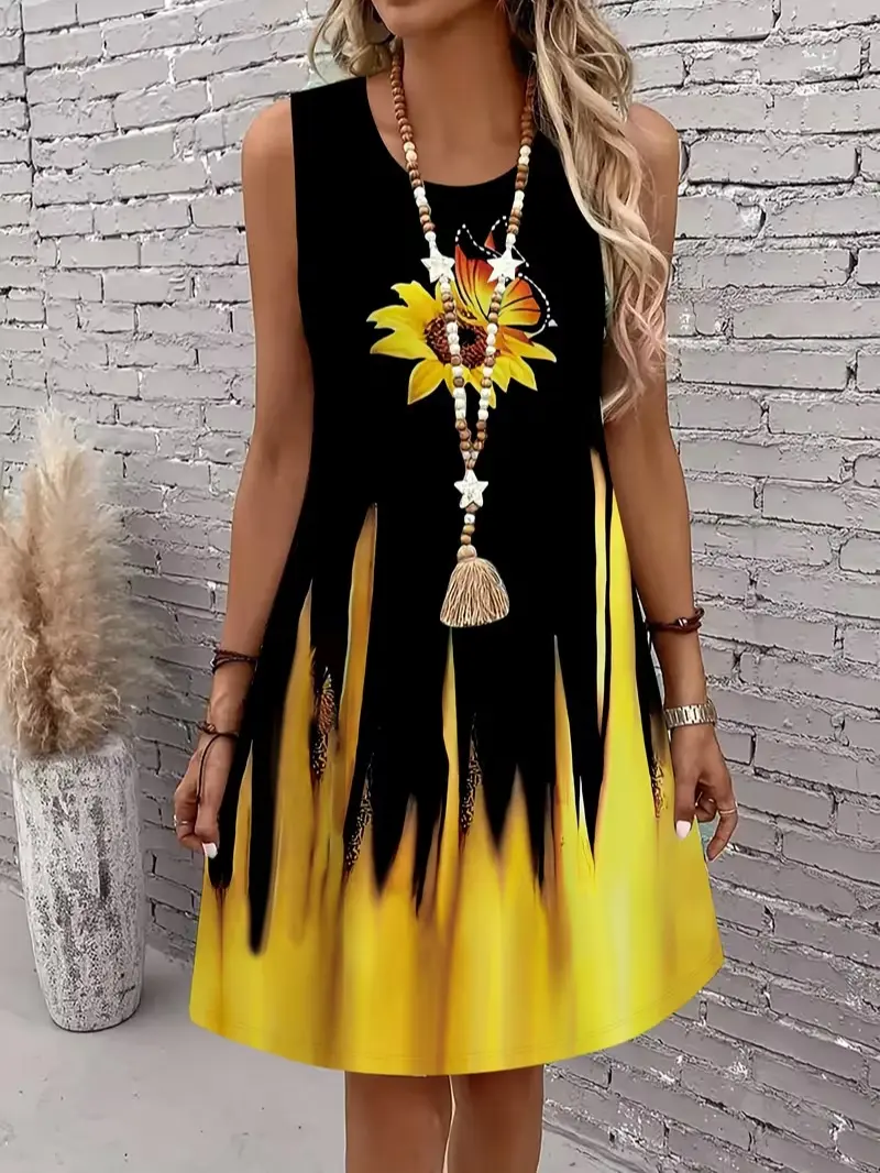 Women's Fashionable and Elegant Sunflower and Honey-Gathering Butterfly Pattern Print Tank Dress Casual