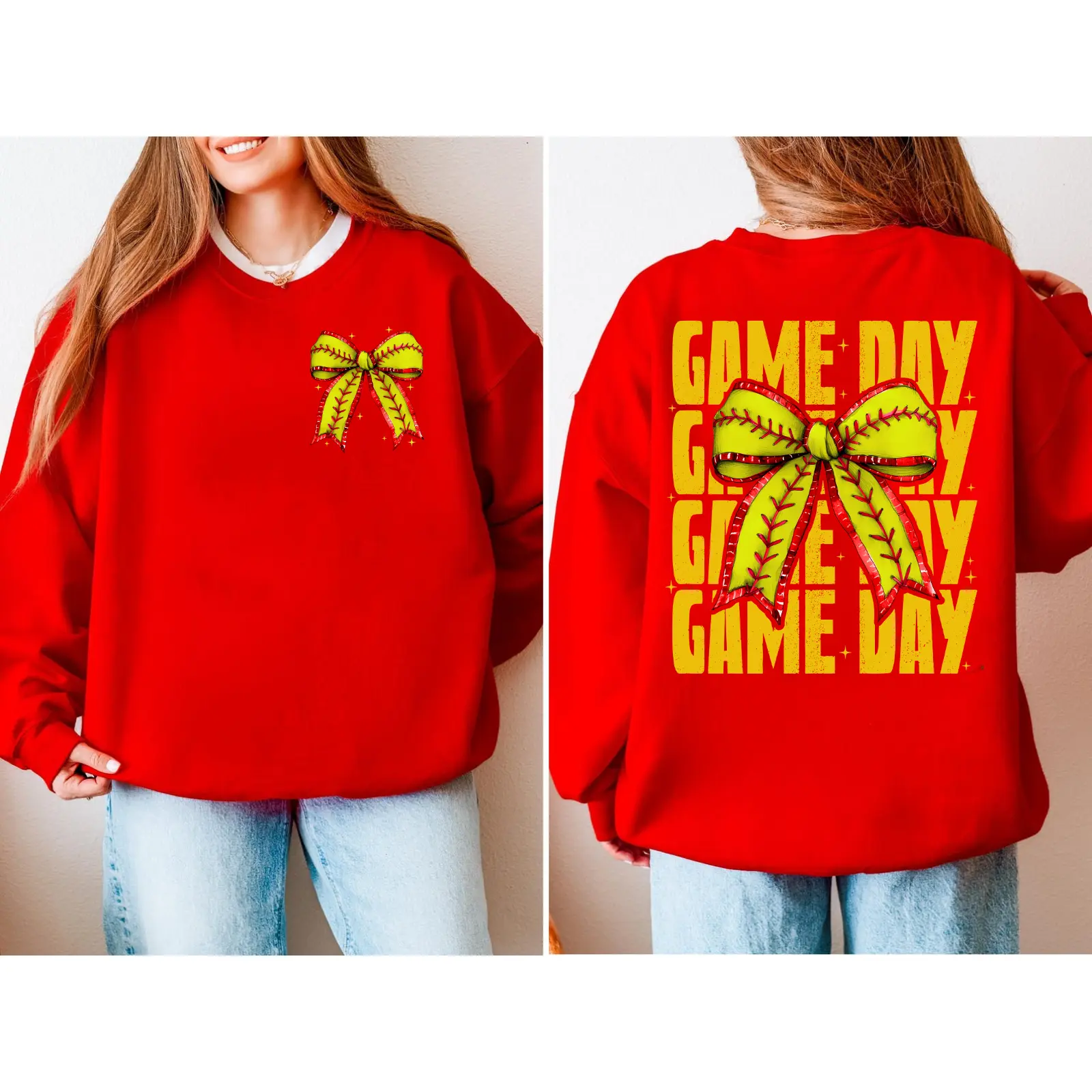 Game Day Sweatshirt for Women, Cute Bow Graphic Crewneck, Sporty Game Day Pullover, Cheer Spirit Shirt, Red Sweatshirt for Girls