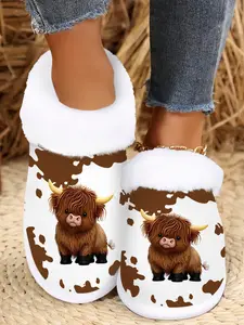 Women's Plush Highland Cow Slippers, Cozy Fleece-Lined Slip-On House Shoes, Cute Cartoon Design, Winter Indoor Footwear, Halloween Gift