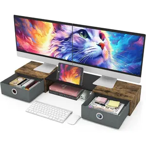 Dual Monitor Stand Riser with Two Drawers, Extra Large Storage for 2 Monitors, Desktop Oraganizer Computer,Laptop,Screen,Printer,TV