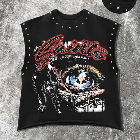 Men's Casual Graphic Sleeveless Printed Sleeveless Top Vest with Eye Pattern Print, Comfortable Fitted Long Sleeve, Round Neck, Street Style, Loose, All Seasons Wear, Menswear, Sleeveless