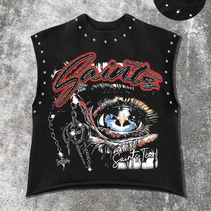 Men's Casual Graphic Sleeveless Printed Sleeveless Top Vest with Eye Pattern Print, Comfortable Fitted Long Sleeve, Round Neck, Street Style, Loose, All Seasons Wear, Menswear, Sleeveless