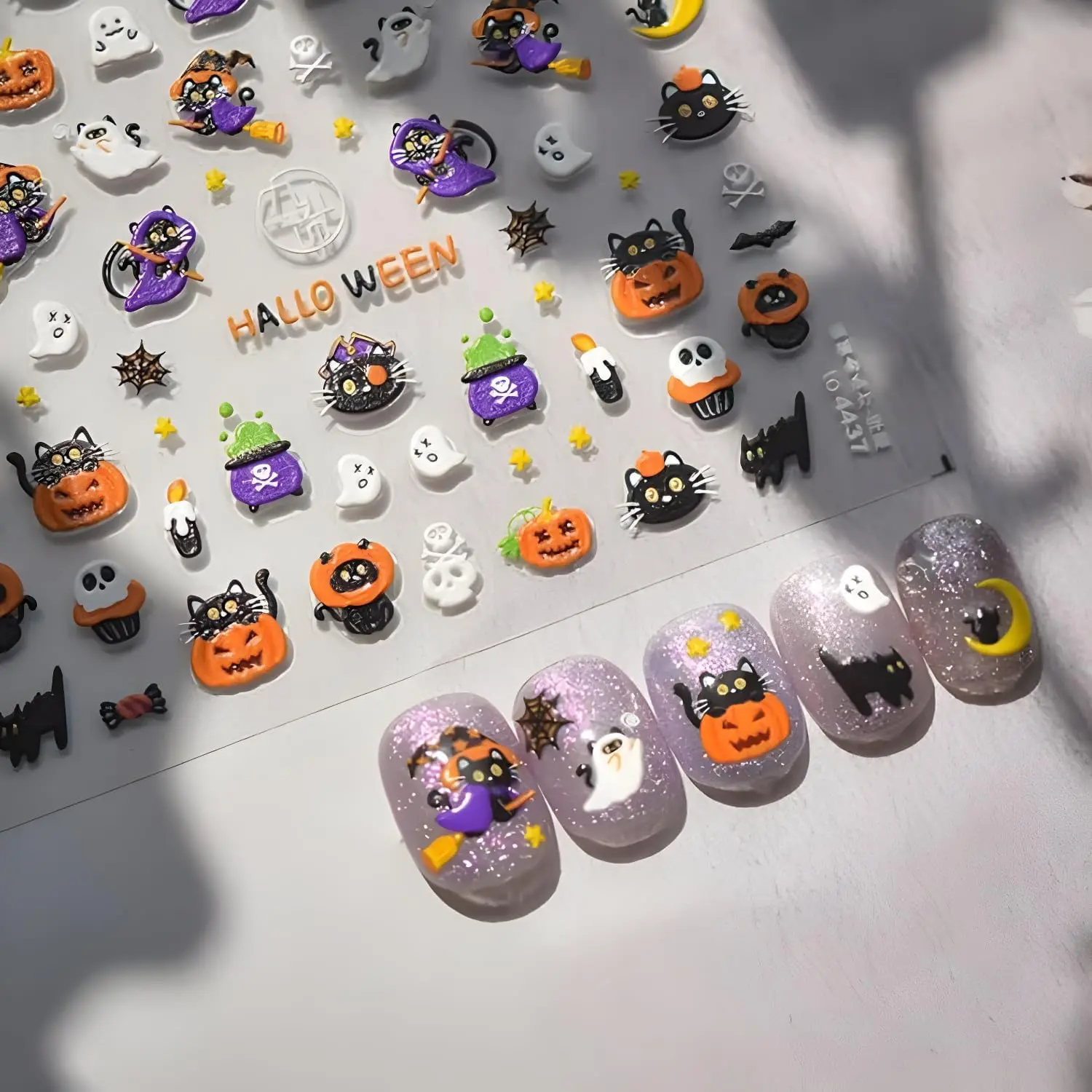 Halloween Nail Art Sticker Cute Ghost Nail Stickers Pumpkin 5D Self-Adhesive Nail Decals Black Cat Nail Art Sugar Skull Nail Supplies Accessories Decoration for Women and Girls Tnbuokas