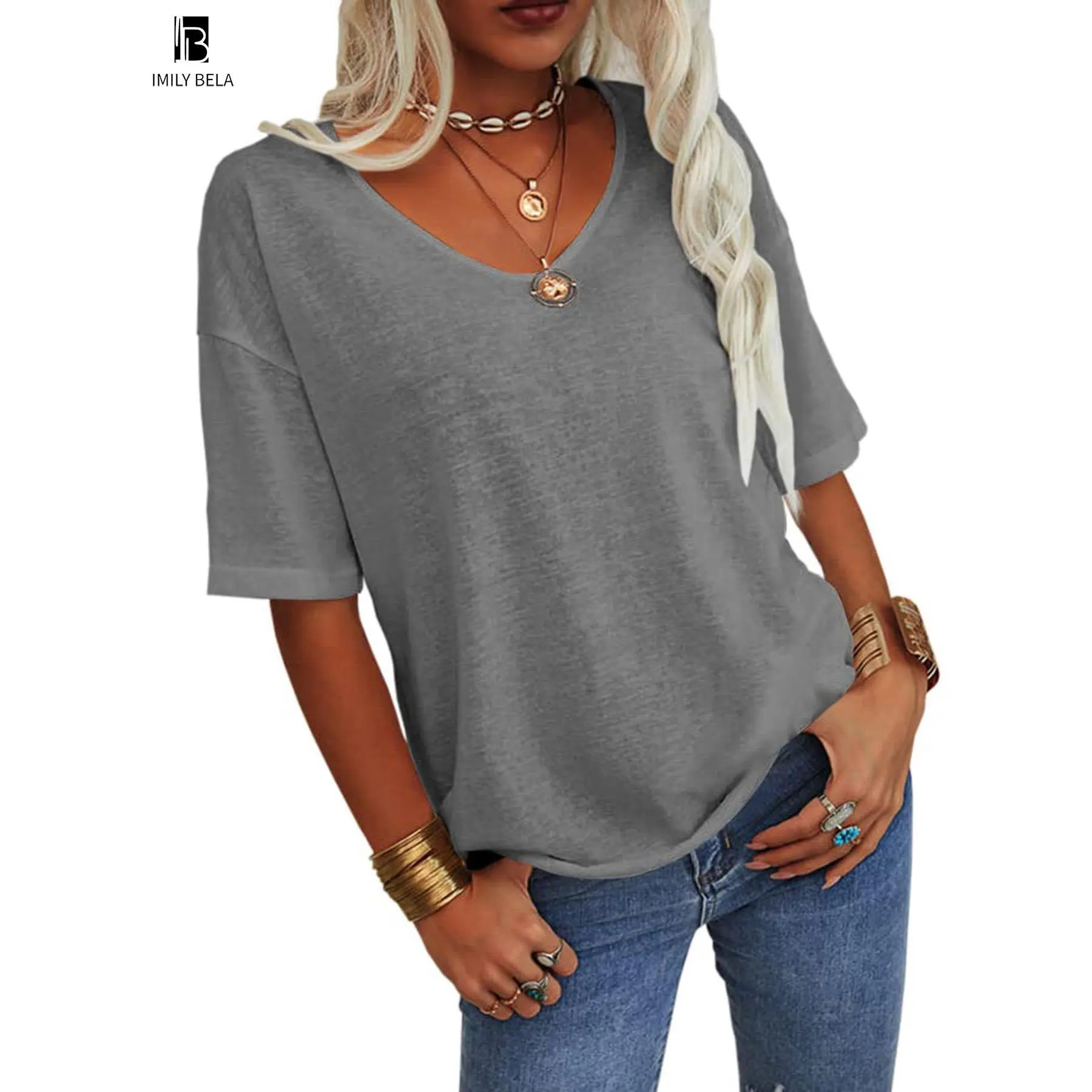 Women's Plain V Neck Drop Shoulder Tee, Casual Chic Minimalist Solid Color Half Sleeve T-shirt for Summer, Women's Basic Top for Daily Wear Women's Plain V Neck Drop Shoulder Tee, Casual Chic Minimalist Solid Color Half Sleeve T-shirt for Summer, Women's Basic Top for Daily Wear