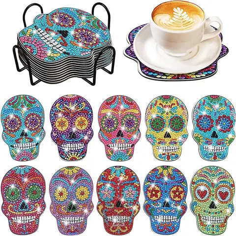 Skull Design DIY Diamond Arts Painting Coasters, Drink Coasters, Coasters for Drinks, 10pcs/set Artificial Diamond Arts Painting Cup Coasters with Holder Rack, DIY Decorative Wooden Coasters for Home Office Coffee Table