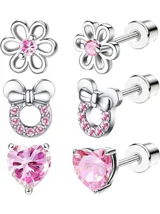 3 Pairs S925 Silver Needle Screw Back Earrings Set for Women Pink Halo Cubic Zirconia Earring Barbell Flower Stud Earrings Heart Shaped Earrings Heart CZ Stud Hypoallergenic Valentine's Day Gift