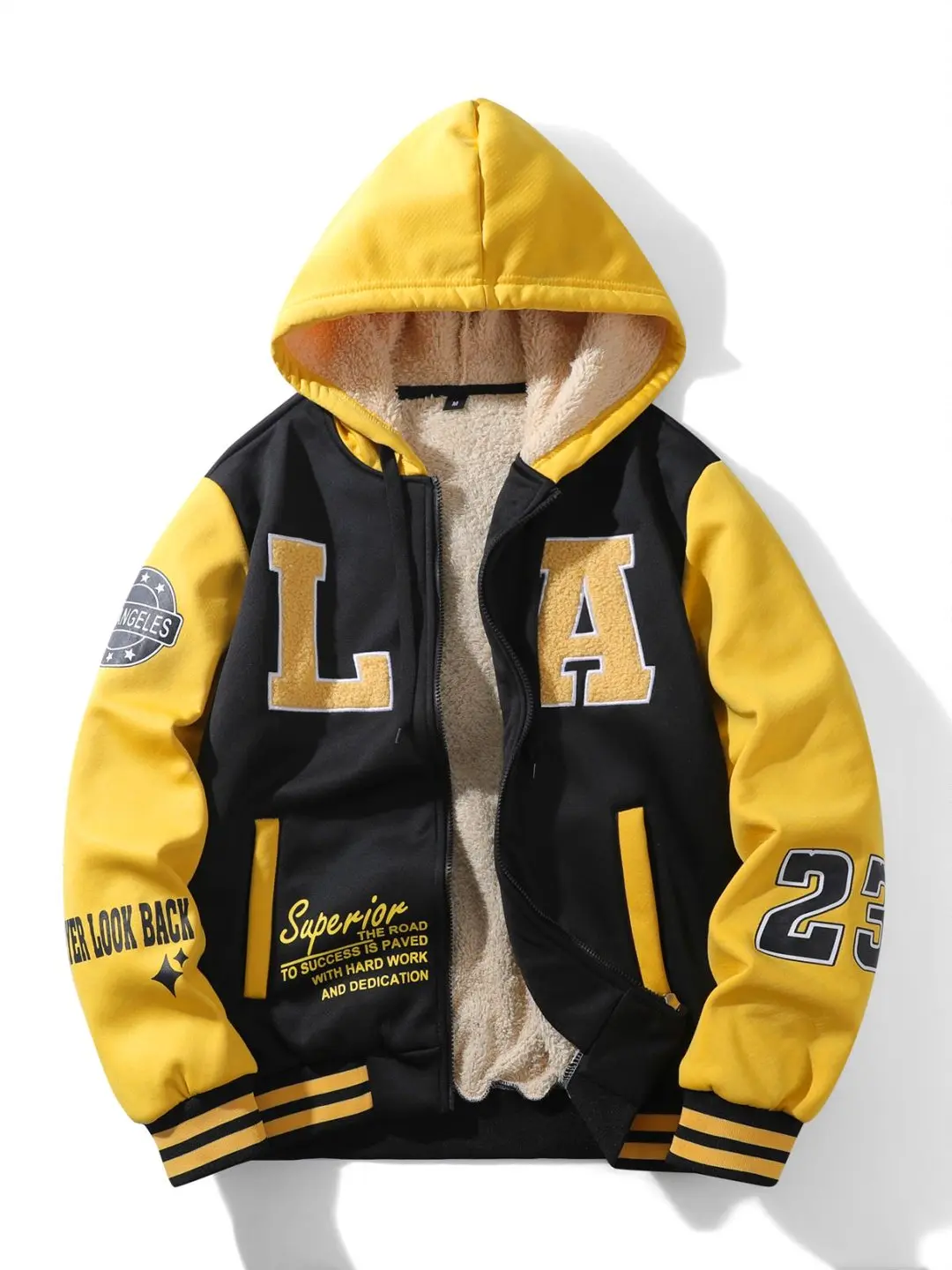 Single piece: “LA” letter fleece hooded baseball jacket made of sherpa fabric; unisex design with black-and-yellow color blocking; thick vintage sports fleece outerwear; sold individually.