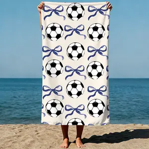 Sporty Coquette Soccer Beach Towel | Cute blue bows repeating pattern microfiber towel, trendy gift for girls, quick-drying lightweight sports towel — soccer and ribbons print, fast-dry gym/yoga/pool towel