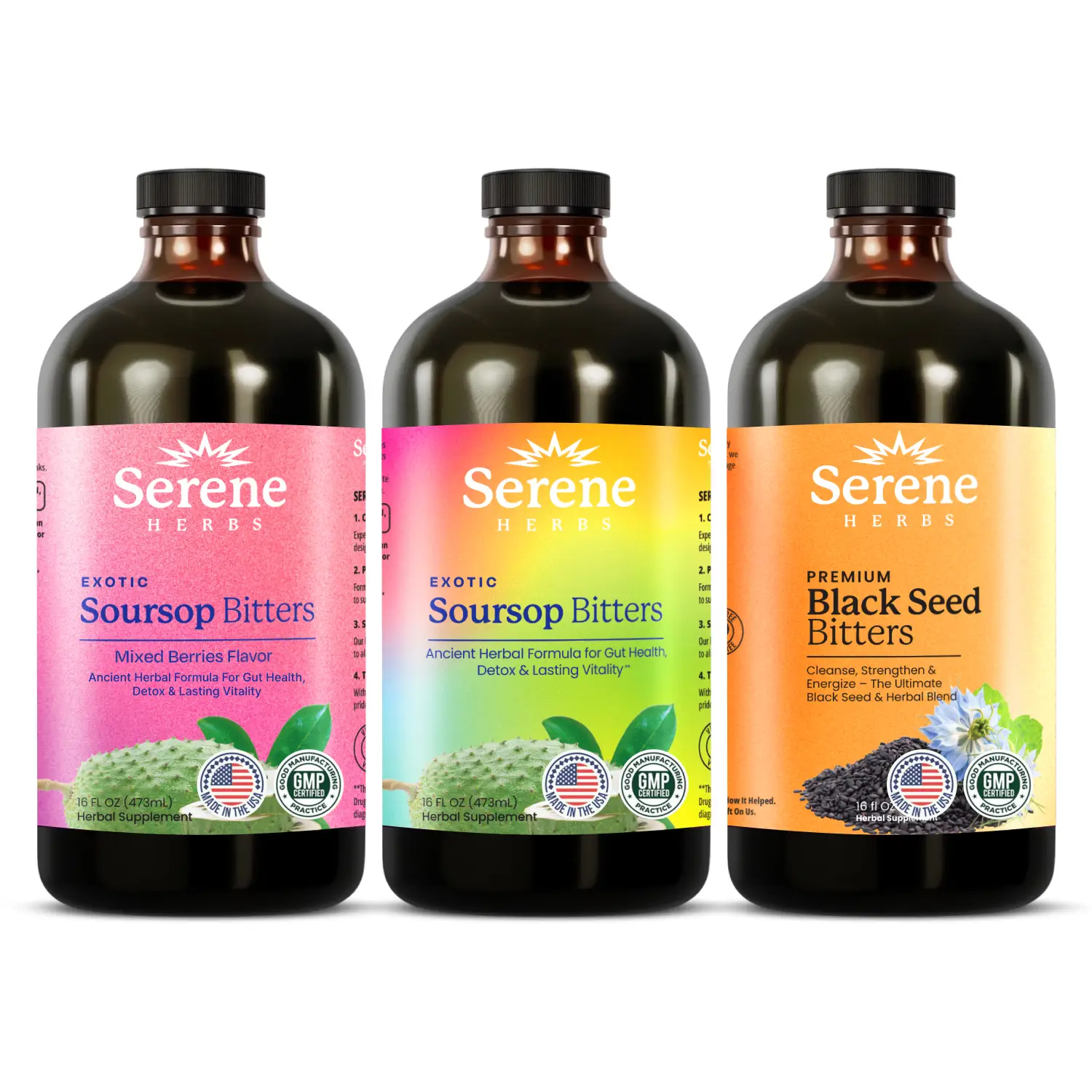 Serene Herbs Triple Power Bundle - Organic Soursop, Mixed Berry & Black Seed Bitters for Health & Diet - Premium Acv Supplement