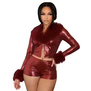 LiLi's _ Snake Print Metallic Fuzzy Long Sleeve Top & Bodycon Shorts 2 Piece Set