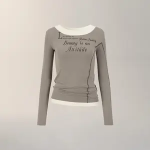 2025 Fake Two Pieces Y2k Aesthetic Vintage T-shirts Letter Print Casual Tops Women Grunge Patchwork Tees winter