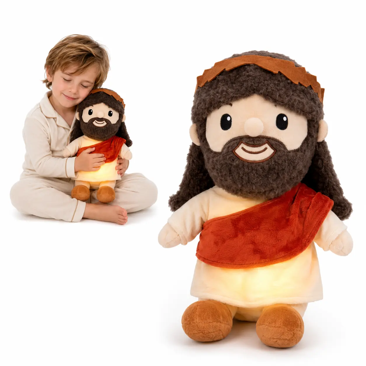 Jesus Plush Toy with Gentle Breathing Motion and Soft Glow, Cute Religious Stuffed Animal Doll in Cream Robe and Red Sash, Cozy Bedtime Companion, Christian Room Decor, Faith Gift Idea for Kids Teens Adults Birthdays Easter Christmas, Holiday Surprise