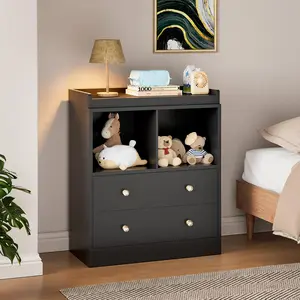 Garvee Baby Dresser with Changing Table Top, 2 Drawer Nursery & Changing Station with Changing Pad, Sturdy Wooden Baby Changing Table Dresser in White, Dimensions 31.5" W x 17.7" D x 37" H, Black