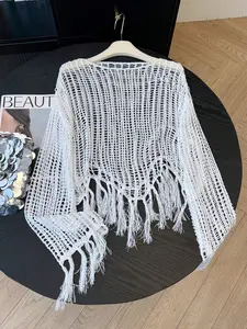 Summer Sexy Hollow Out Knit Sweater, Elegant Beach Vacation Wear, Knit Cover Up, Transparent Sun Protection Short Top, Fitted Plain Style