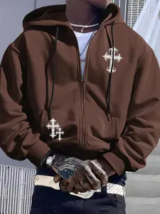 Men's Graphic Print Hoodie with Cross Print, Fashionable Streetwear, Casual Fitted Design, Perfect for Fall & Winter Outdoor Activities