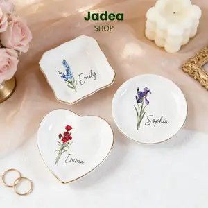 Personalized Birth Flower Ring Dish, Watercolor Floral Trinket Dish For Her, Birthday Jewelry Dish, Bridesmaid Gift, Valentine's Day Gift