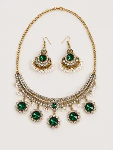 Indian-Style Women's Green Choker Necklace & Jhumka Earrings Set — Gold-Tone Design with Pearl Tassels; Eye-Catching Jewelry Perfect for Weddings, Parties, and Festive Occasions (Red & Green)
