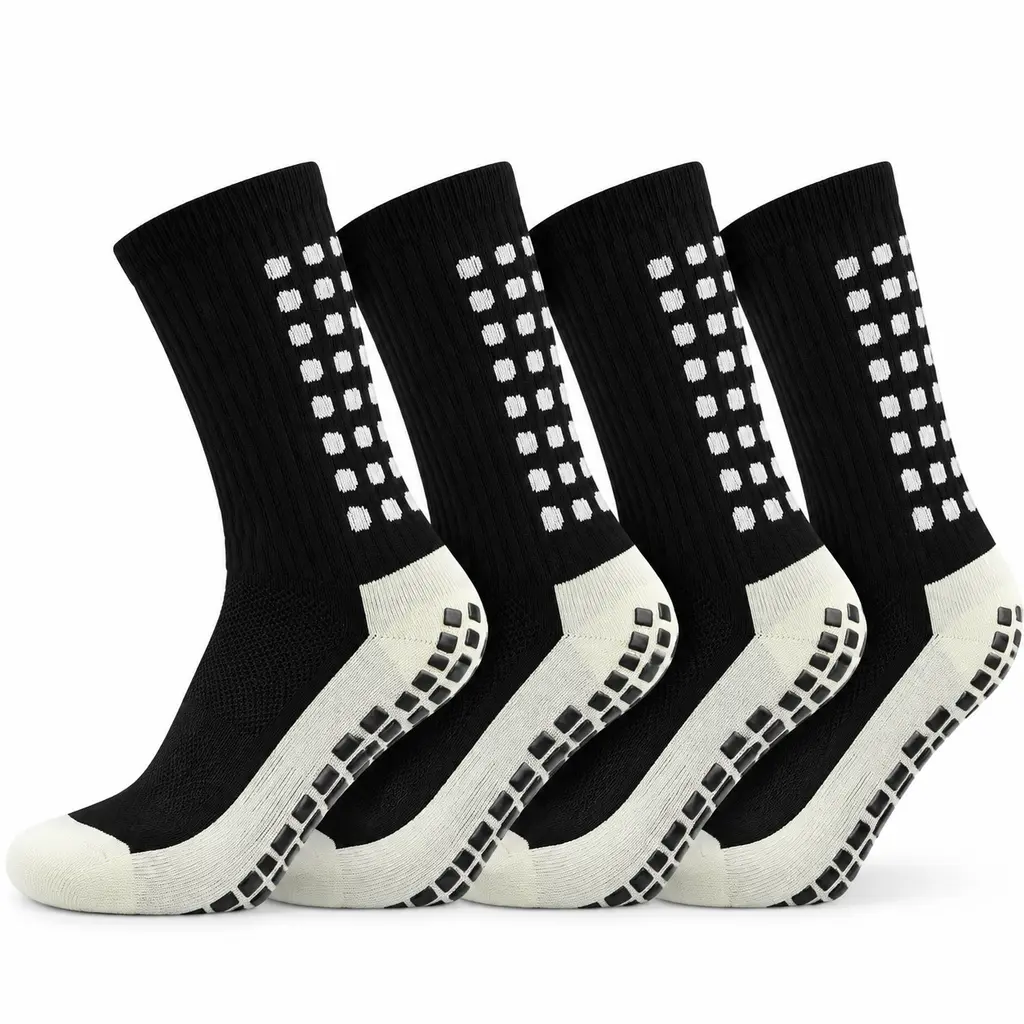 Unisex Non-Slip Soccer Socks—Mid-calf athletic socks featuring anti-slip grip pads; breathable, moisture-wicking, and stable. Suitable for soccer, American football, futsal, basketball, rugby, and running training. Available in various set options.