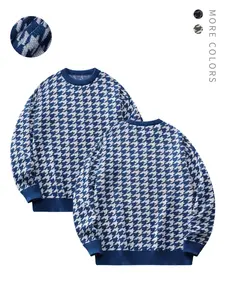 Men's Houndstooth Jacquard Sweater, Casual Round Neck Knit Pullover, Fitted Spring Fashion, Colorblock Design, Moderate Fabric Thickness