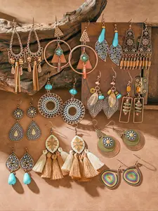 3/6 Pairs Boho Drop Earrings Set, Long Tassel Metal Vintage Exaggerated Pendant, Geometric Alloy, Women Mother's Day Birthday Gift