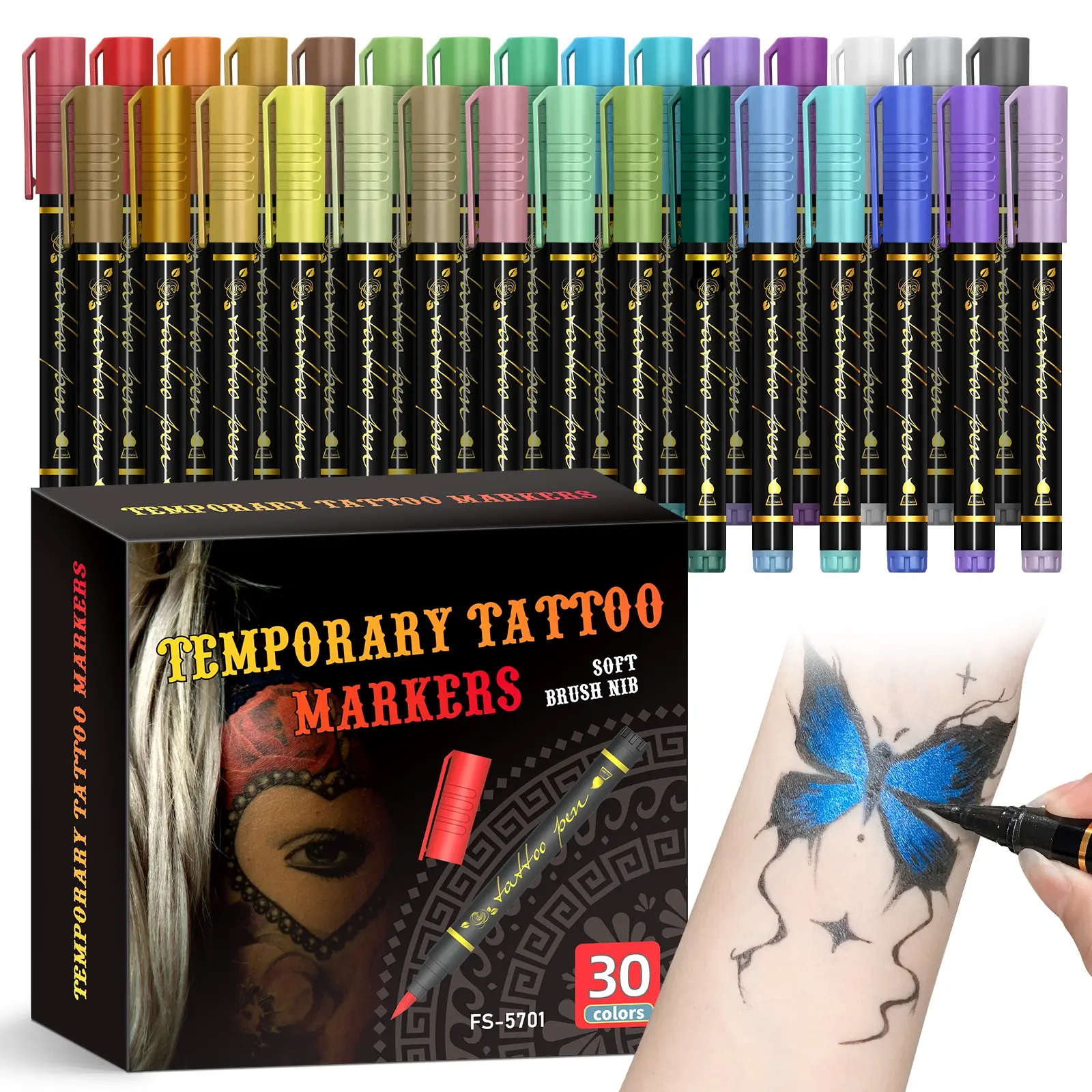 Temporary Tattoo Markers for Skin,With Stencils,Body Markers,10/15/30 Colors Tattoo Pens,Flexible Brush Tip, Bright colors, Face Paint Kit Cosmetic Quality,Halloween makeup, Body Art