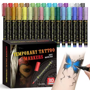 Temporary Tattoo Markers for Skin,With Stencils,Body Markers,10/15/30Colors Tattoo Pens,Flexible Brush Tip, Bright colors, Face Paint Kit Cosmetic Quality,Halloween makeup
