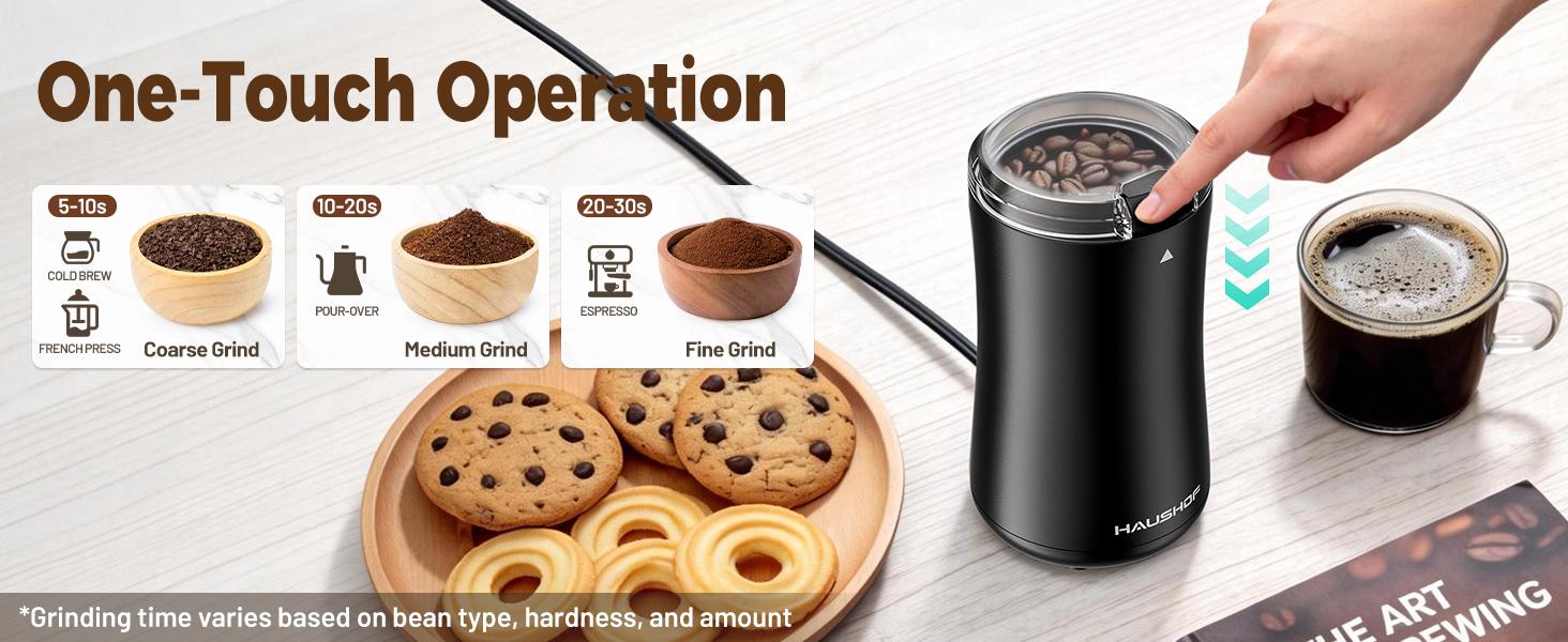 HAUSHOF Coffee Grinder Electric, One Touch Coffee Bean Grinder for Beans, Spices, Herbs and Seeds, Compact Design, with Clean Brush Black